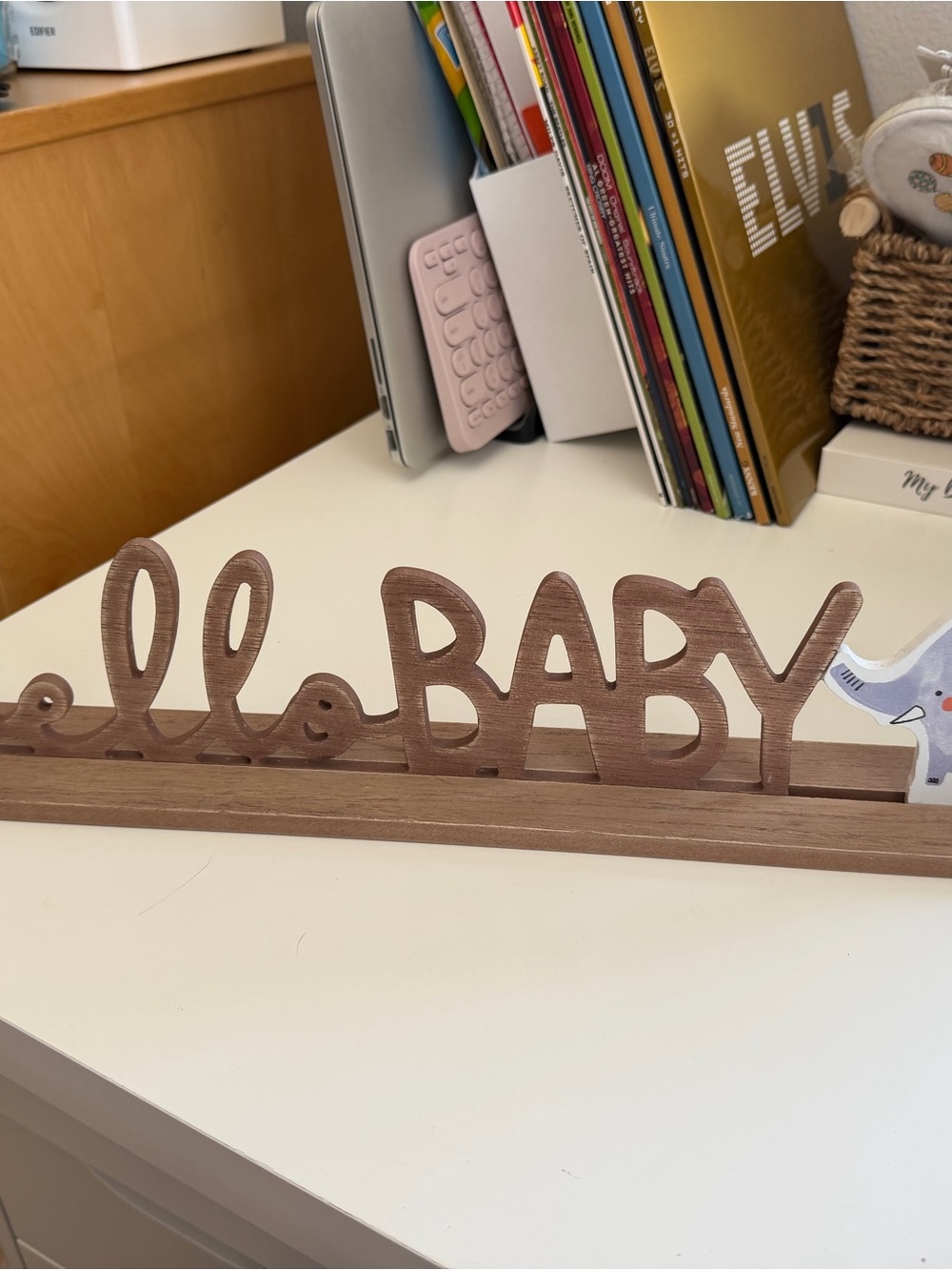 wooden “Hello Baby” Sign with Giraffe and Elephant